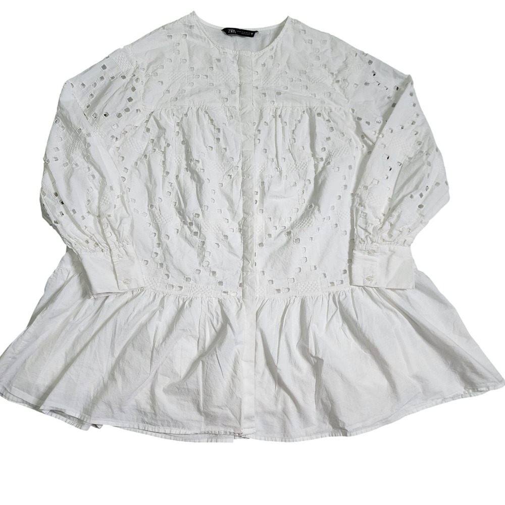 Zara Womens White Eyelet Embroidered Peplum Blouse Cotton Long Sleeve Top M
